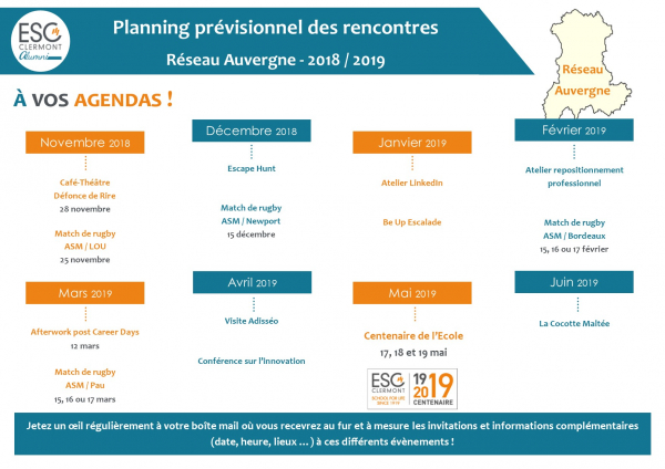 Planning prévisionnel des animations à venir - Réseau Auvergne